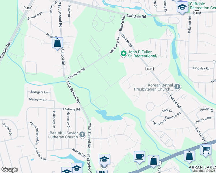 map of restaurants, bars, coffee shops, grocery stores, and more near Badin Lake Lane in Fayetteville