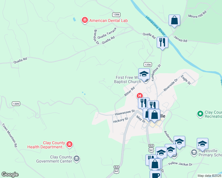 map of restaurants, bars, coffee shops, grocery stores, and more near 120 Dogwood Hill in Hayesville