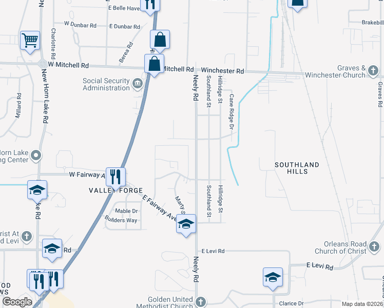 map of restaurants, bars, coffee shops, grocery stores, and more near 3651 Neely Road in Memphis