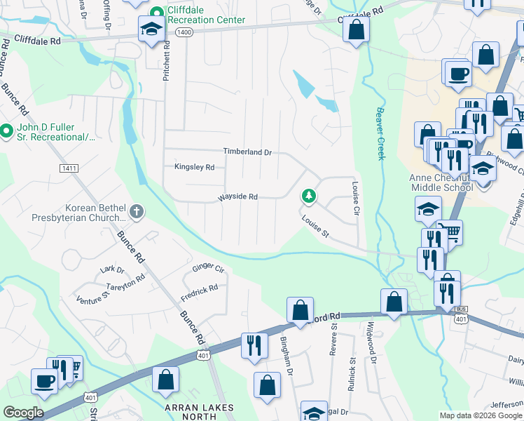 map of restaurants, bars, coffee shops, grocery stores, and more near 6116 Conaway Drive in Fayetteville