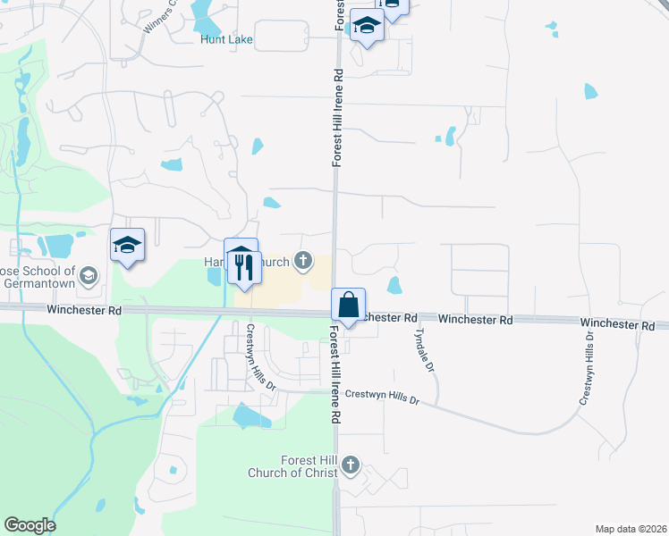 map of restaurants, bars, coffee shops, grocery stores, and more near 3634 Forest Hill Irene Road in Germantown