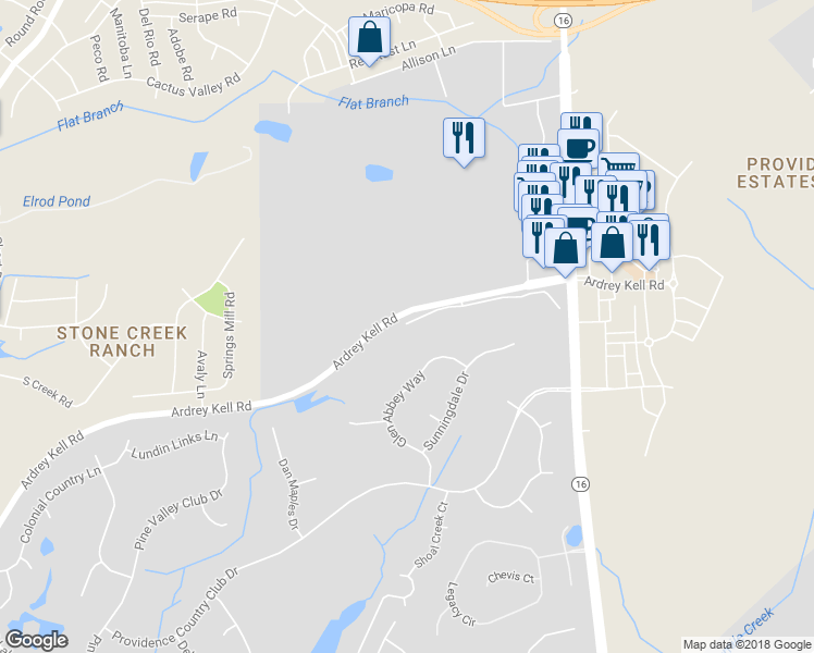 map of restaurants, bars, coffee shops, grocery stores, and more near 6849 Fairway Row Lane in Charlotte