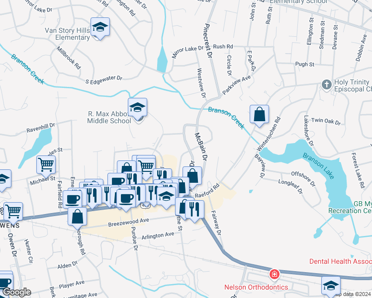 map of restaurants, bars, coffee shops, grocery stores, and more near 448 McRae Drive in Fayetteville