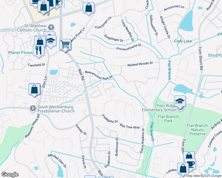 map of restaurants, bars, coffee shops, grocery stores, and more near 12407 Crowley Court in Charlotte