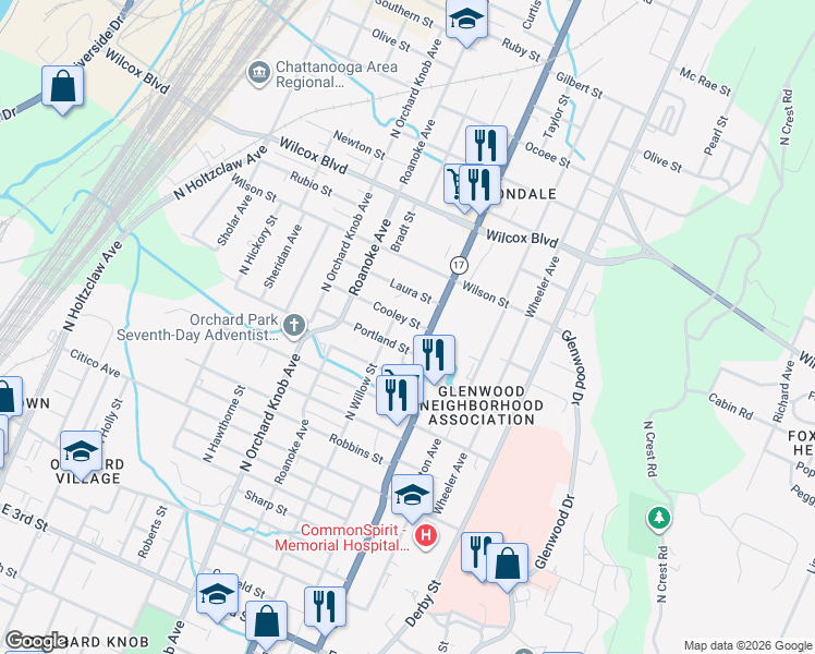 map of restaurants, bars, coffee shops, grocery stores, and more near 1059 Tennessee 17 in Chattanooga