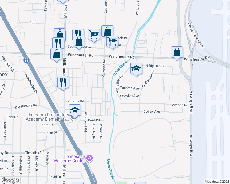 map of restaurants, bars, coffee shops, grocery stores, and more near 3659 West Big Bend Drive in Memphis