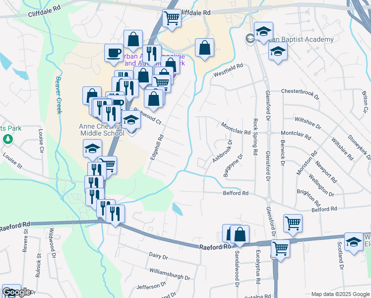 map of restaurants, bars, coffee shops, grocery stores, and more near 5467 Lazybrook Court in Fayetteville