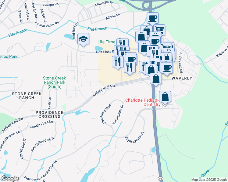 map of restaurants, bars, coffee shops, grocery stores, and more near Fairway Row Lane in Charlotte