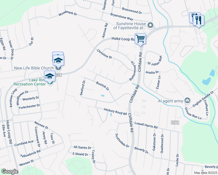 map of restaurants, bars, coffee shops, grocery stores, and more near 6975 Bostick Drive in Fayetteville