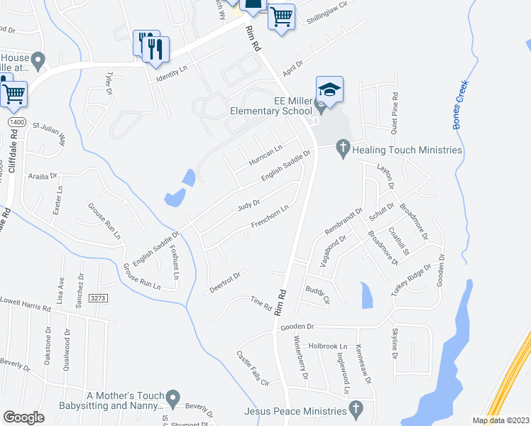map of restaurants, bars, coffee shops, grocery stores, and more near 8236 Frenchorn Lane in Fayetteville
