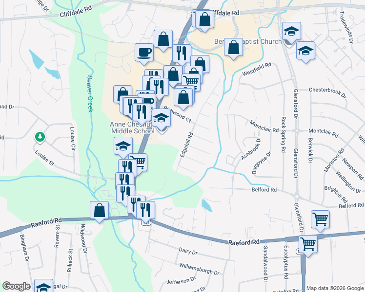 map of restaurants, bars, coffee shops, grocery stores, and more near 744 Edgehill Rd in Fayetteville