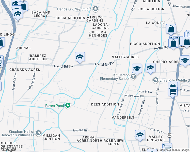 map of restaurants, bars, coffee shops, grocery stores, and more near 2130 Raven Lane Southwest in Albuquerque