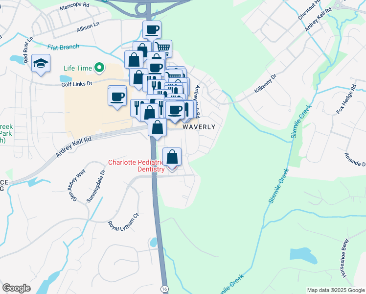 map of restaurants, bars, coffee shops, grocery stores, and more near 8928 Matthews Farm Lane in Charlotte