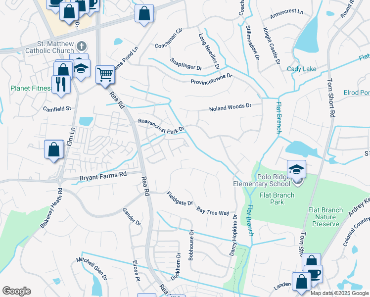 map of restaurants, bars, coffee shops, grocery stores, and more near 12419 Crowley Court in Charlotte