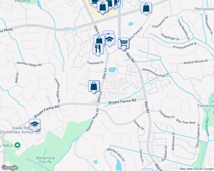 map of restaurants, bars, coffee shops, grocery stores, and more near 8626 Windsor Ridge Drive in Charlotte