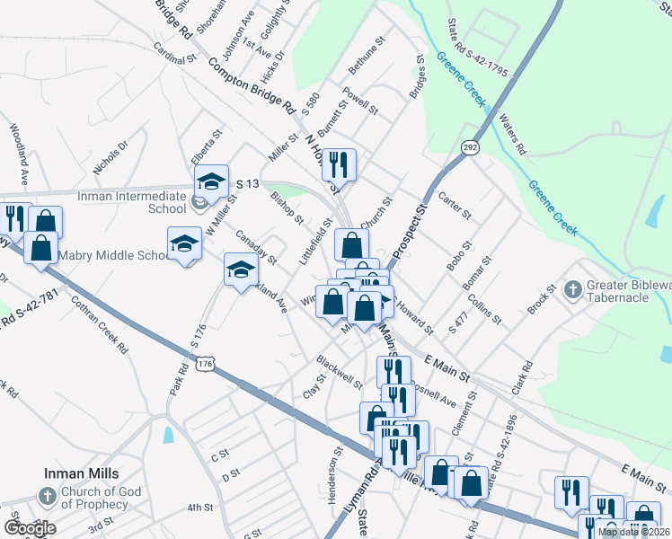 map of restaurants, bars, coffee shops, grocery stores, and more near 16 Bishop Street in Inman