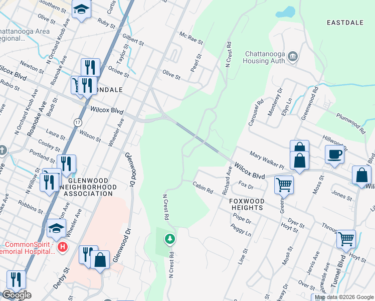 map of restaurants, bars, coffee shops, grocery stores, and more near 300 North Crest Road in Chattanooga