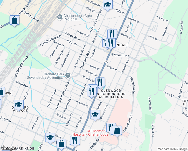 map of restaurants, bars, coffee shops, grocery stores, and more near 1059 Tennessee 17 in Chattanooga