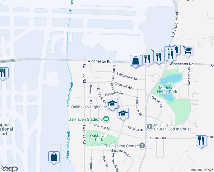 map of restaurants, bars, coffee shops, grocery stores, and more near 3641 Cromwell Cove in Memphis