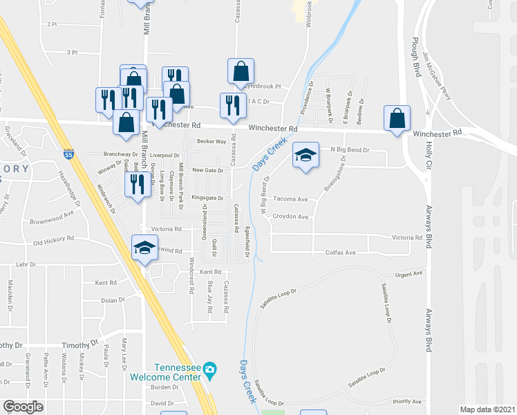 map of restaurants, bars, coffee shops, grocery stores, and more near 3659 West Big Bend Drive in Memphis