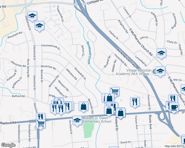map of restaurants, bars, coffee shops, grocery stores, and more near 4428 Kinkead Court in Fayetteville