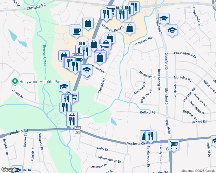 map of restaurants, bars, coffee shops, grocery stores, and more near 5490 Maplewood Court in Fayetteville