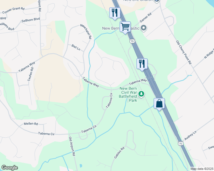 map of restaurants, bars, coffee shops, grocery stores, and more near 101 Geneva Road in New Bern