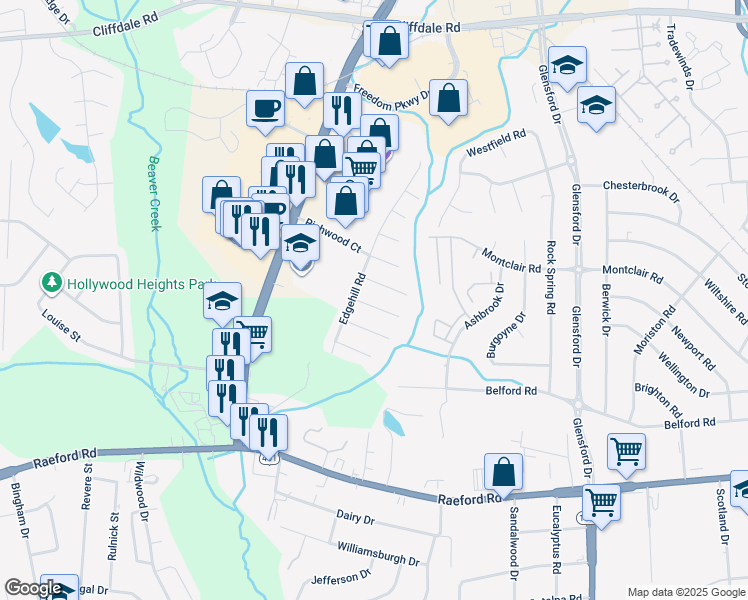 map of restaurants, bars, coffee shops, grocery stores, and more near 5490 Maplewood Court in Fayetteville