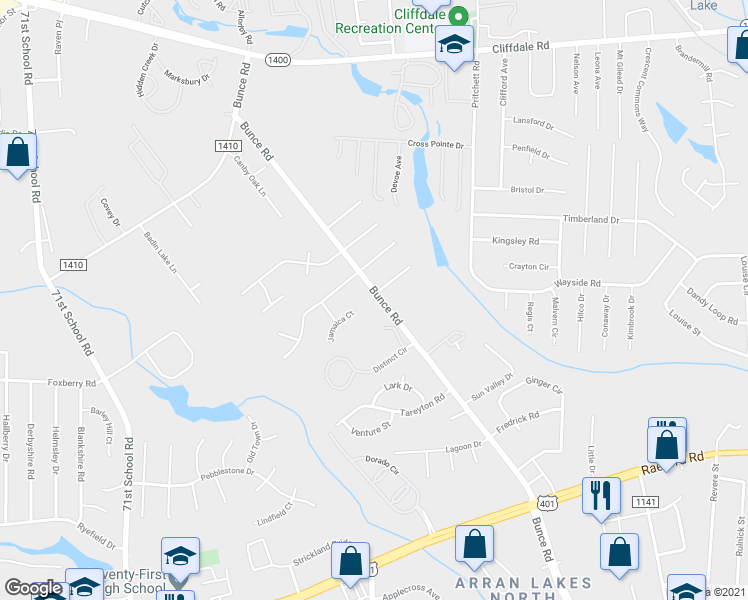 map of restaurants, bars, coffee shops, grocery stores, and more near 822 Bunce Road in Fayetteville