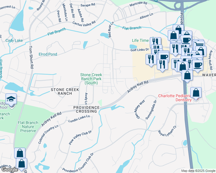 map of restaurants, bars, coffee shops, grocery stores, and more near 6414 Raffia Road in Charlotte
