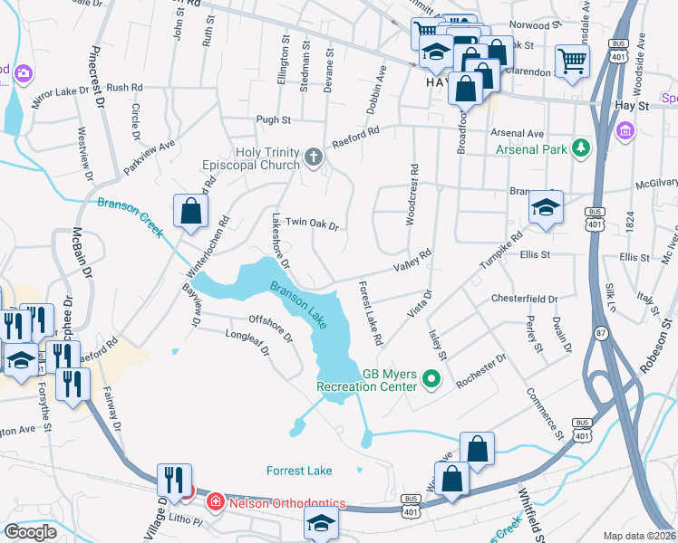 map of restaurants, bars, coffee shops, grocery stores, and more near 401-437 Valley Road in Fayetteville