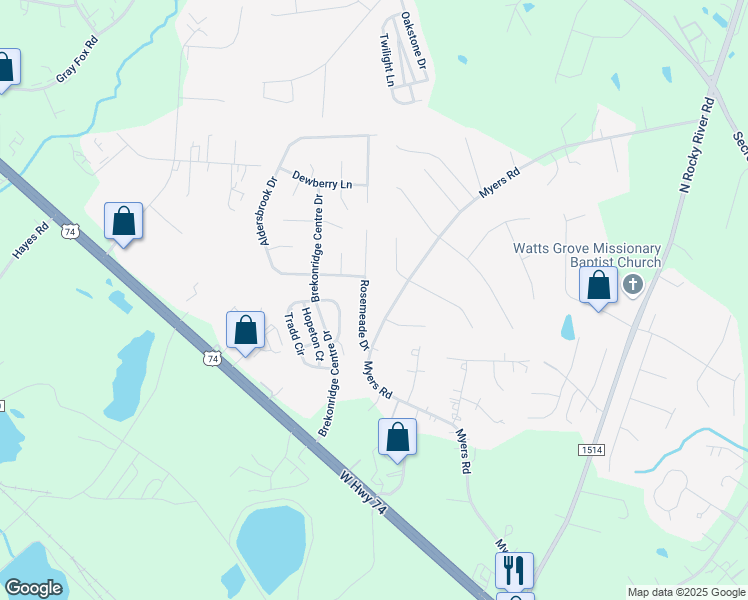 map of restaurants, bars, coffee shops, grocery stores, and more near 2828 Rosemeade Drive in Monroe