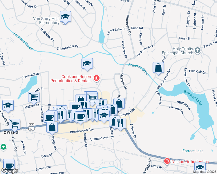 map of restaurants, bars, coffee shops, grocery stores, and more near 2696 Brigadoon Lane in Fayetteville