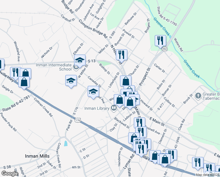map of restaurants, bars, coffee shops, grocery stores, and more near 156 Wingo Street in Inman