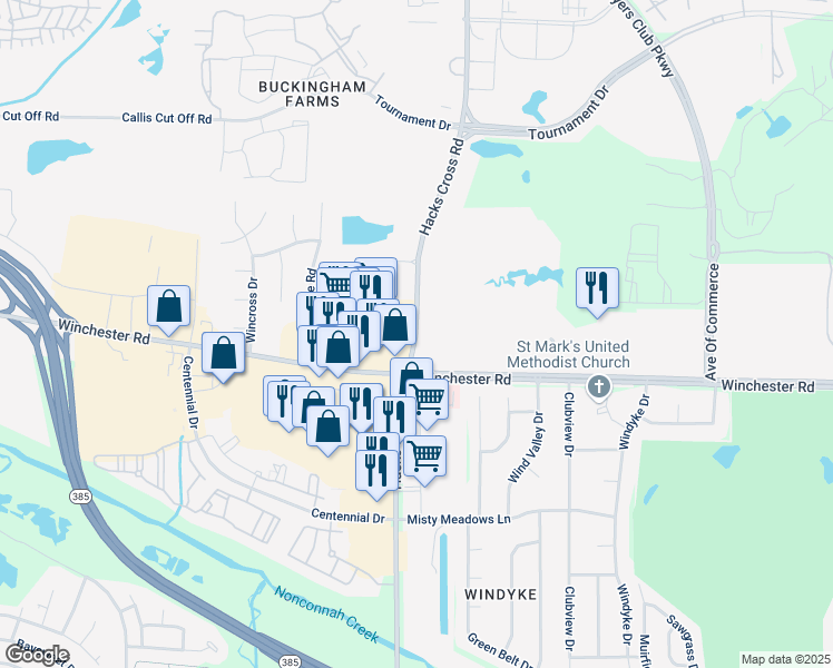 map of restaurants, bars, coffee shops, grocery stores, and more near 3650 Hacks Cross Road in Memphis