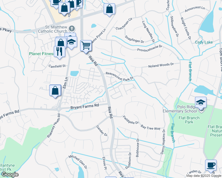 map of restaurants, bars, coffee shops, grocery stores, and more near 9121 Lanigan Street in Charlotte