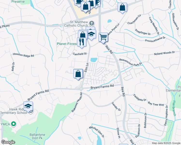 map of restaurants, bars, coffee shops, grocery stores, and more near 8626 Windsor Ridge Drive in Charlotte