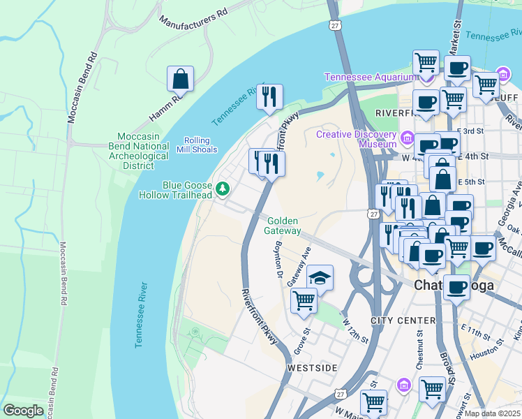 map of restaurants, bars, coffee shops, grocery stores, and more near 900 Riverfront Parkway in Chattanooga