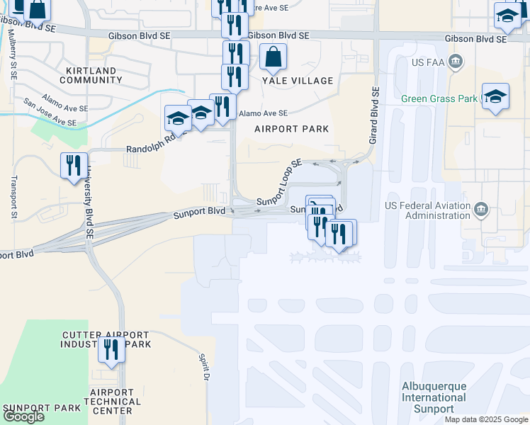 map of restaurants, bars, coffee shops, grocery stores, and more near 2301 Sunport Boulevard in Albuquerque
