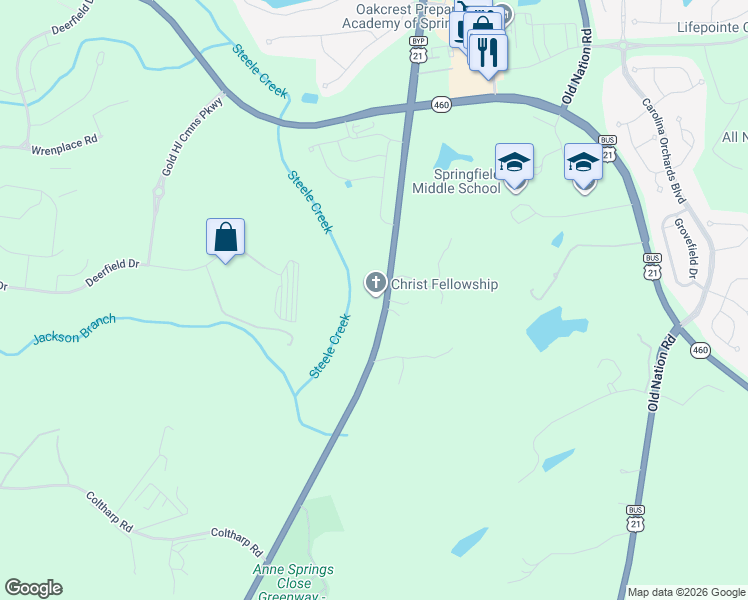 map of restaurants, bars, coffee shops, grocery stores, and more near U.S. 21 in Fort Mill