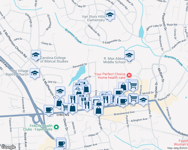 map of restaurants, bars, coffee shops, grocery stores, and more near 722 Emeline Avenue in Fayetteville
