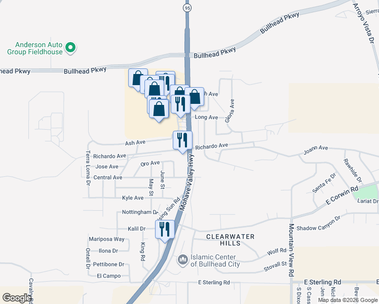 map of restaurants, bars, coffee shops, grocery stores, and more near 3759 Arizona 95 in Bullhead City