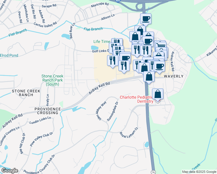 map of restaurants, bars, coffee shops, grocery stores, and more near 6735 Fairway Row Lane in Charlotte