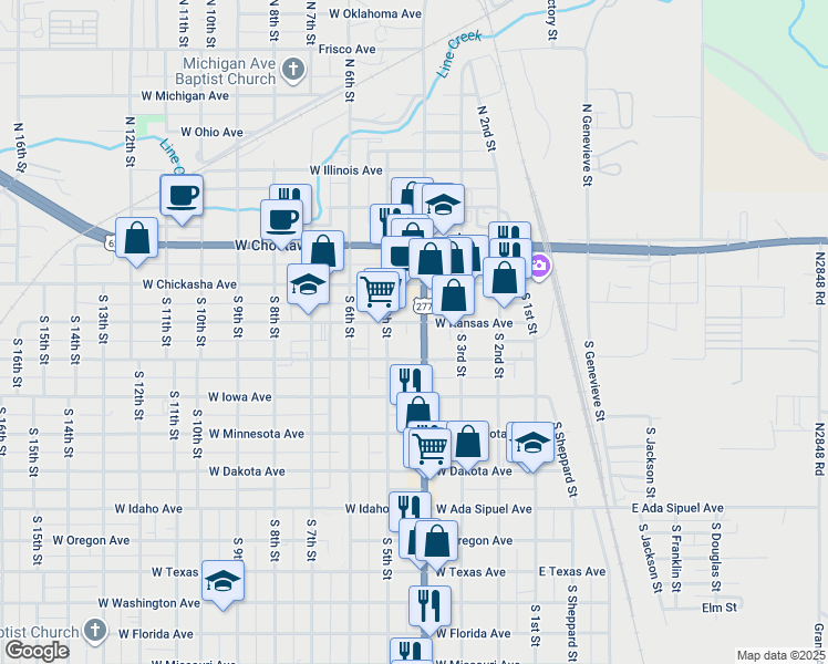 map of restaurants, bars, coffee shops, grocery stores, and more near 217 South 5th Street in Chickasha