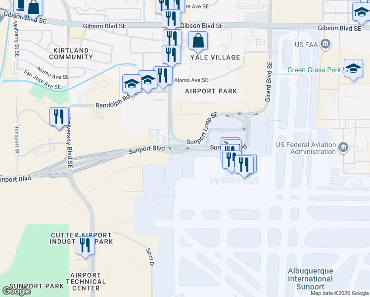 map of restaurants, bars, coffee shops, grocery stores, and more near 2200 Sunport Boulevard in Albuquerque