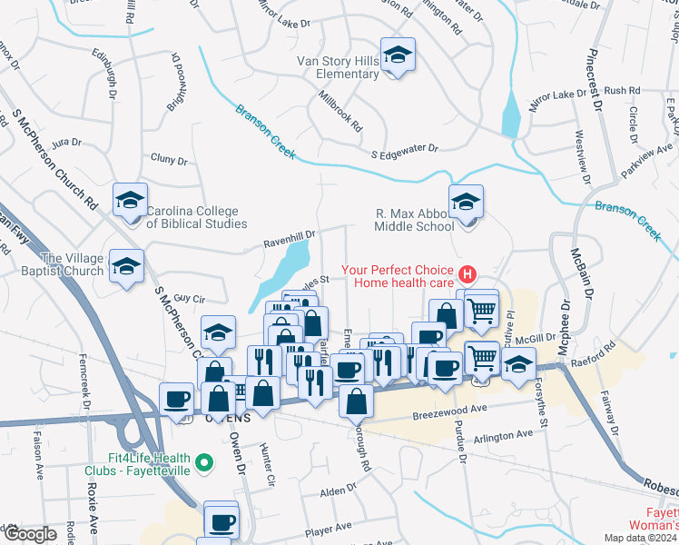 map of restaurants, bars, coffee shops, grocery stores, and more near 722 Emeline Avenue in Fayetteville