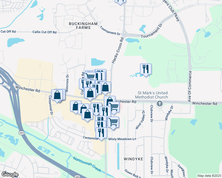 map of restaurants, bars, coffee shops, grocery stores, and more near 3650 Hacks Cross Road in Memphis