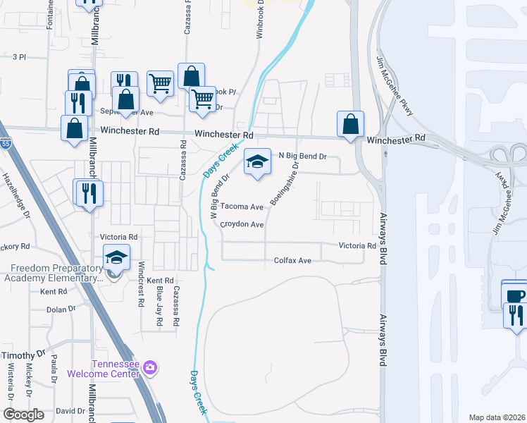 map of restaurants, bars, coffee shops, grocery stores, and more near 3654 Boeingshire Drive in Memphis