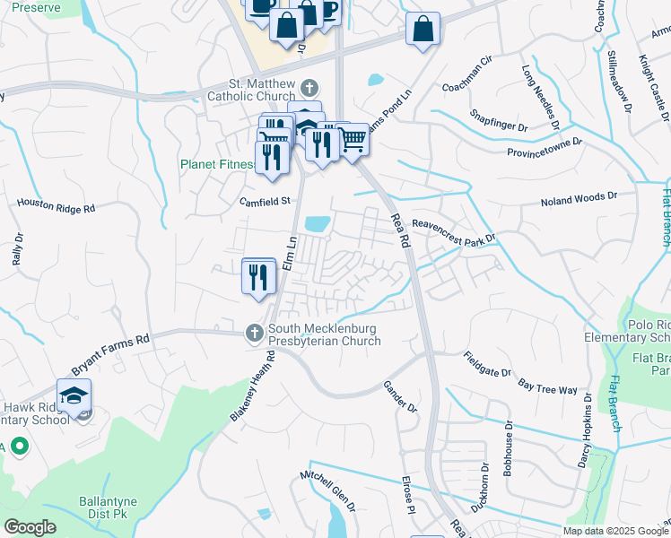 map of restaurants, bars, coffee shops, grocery stores, and more near 11524 Destin Lane in Charlotte