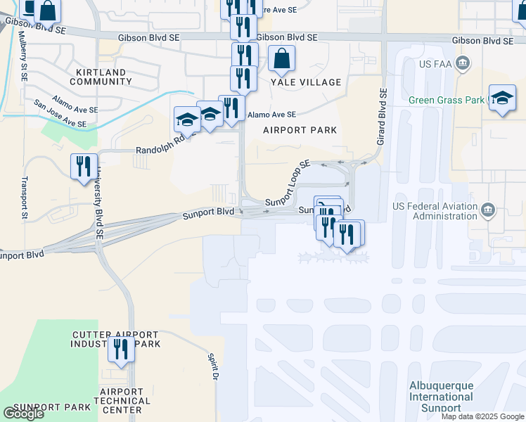 map of restaurants, bars, coffee shops, grocery stores, and more near 2301-2335 Sunport Boulevard in Albuquerque